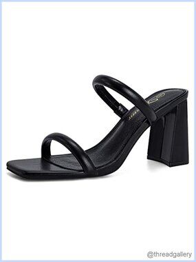 Square Open Toe Two Strap Block Heeled Slide Sandals Slip On Heels
